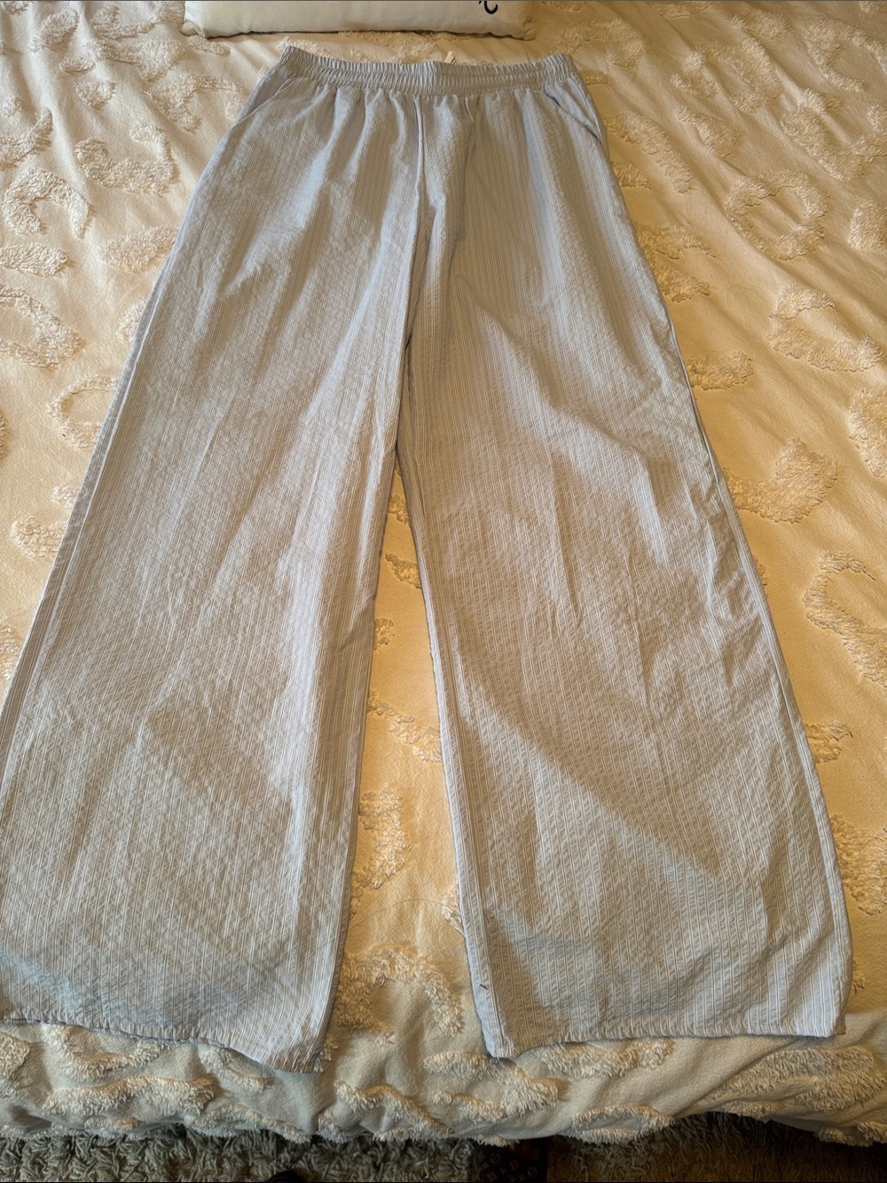 Light Blue Wide Leg Seersucker Pants
